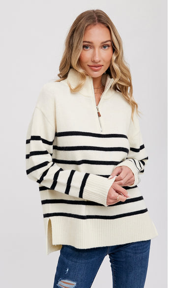 DREW HAF ZIP STRIPE SWEATER