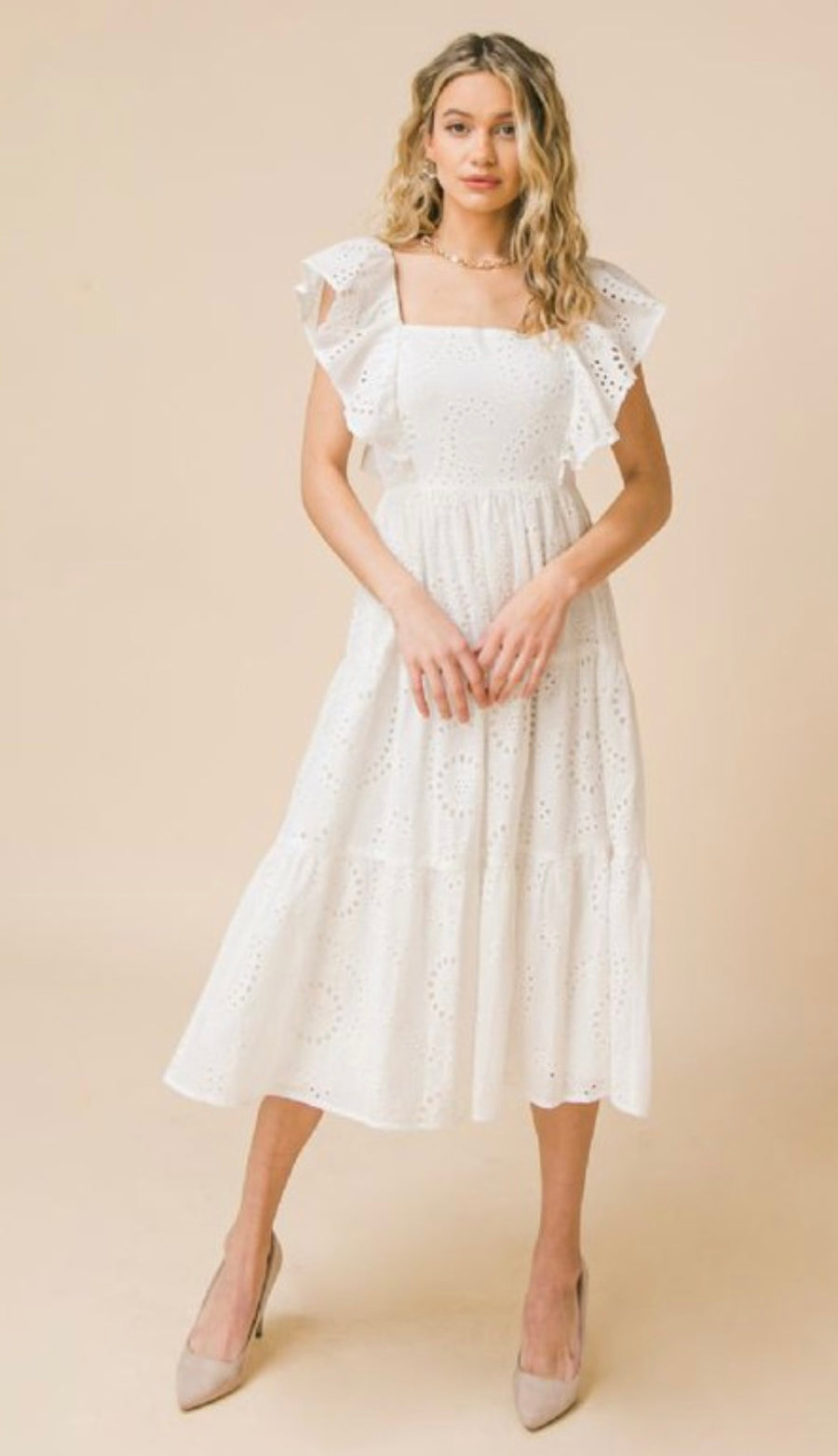 VALORIE EYELET MIDI DRESS