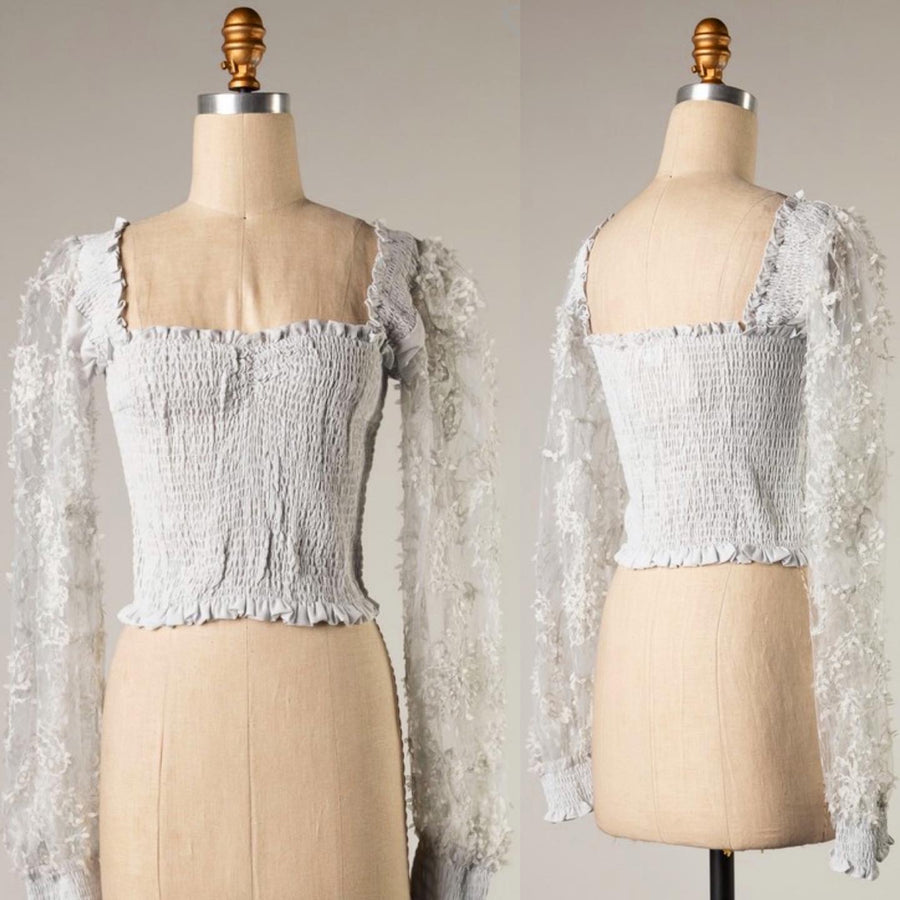 WHITLEY SMOCKED MESH SLEEVE TOP